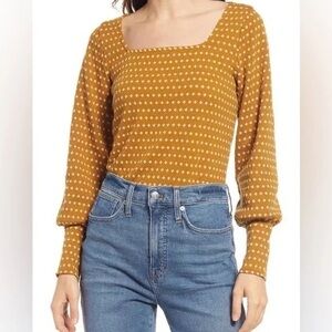 Madewell Jacquard Square Neck Long Sleeve Top Yellow & White